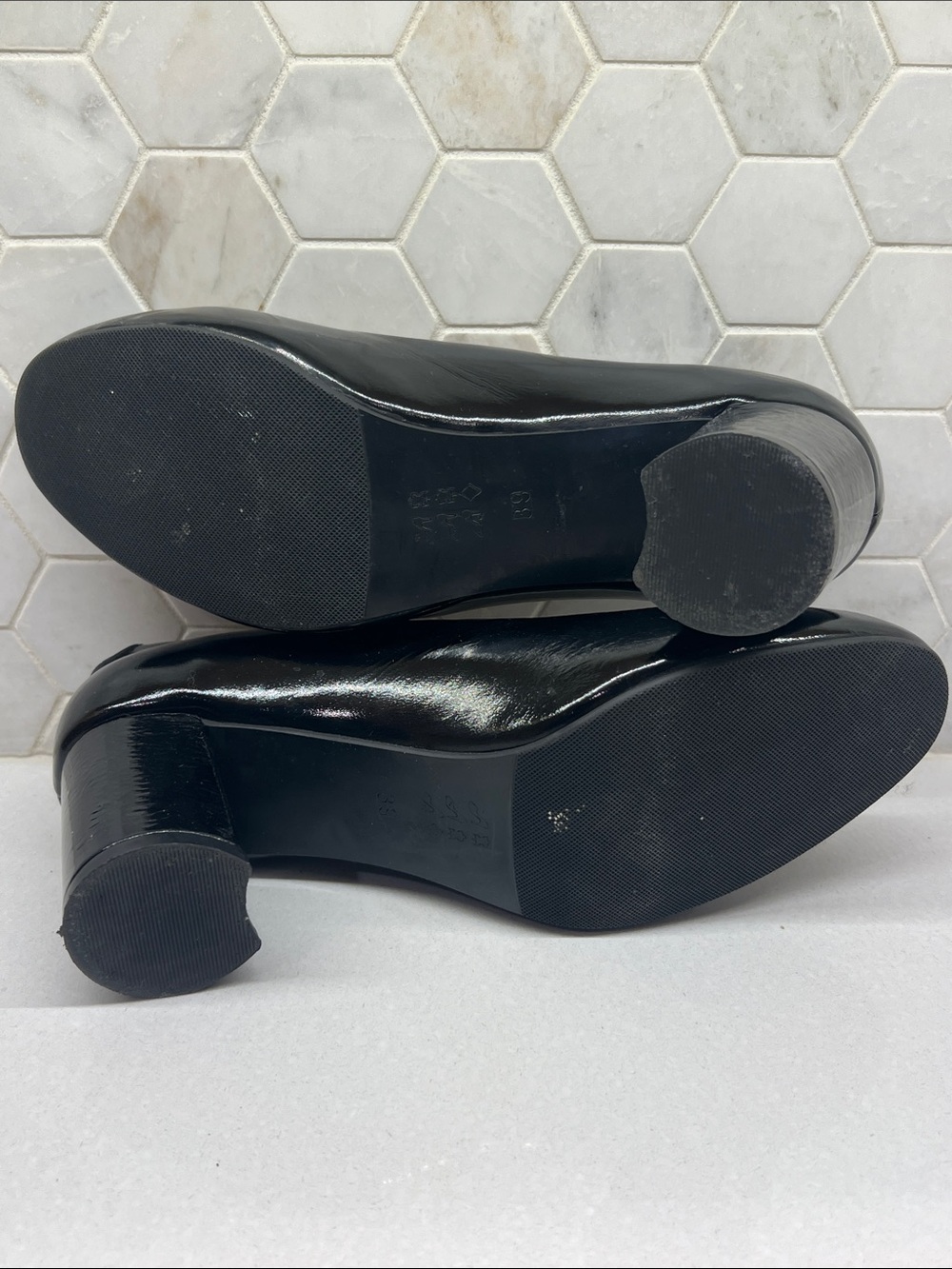 Ethan Valdes Black Patent Leather Wonder Pump Block Heel Loafer Shoes Women 39 - Picture 8 of 10